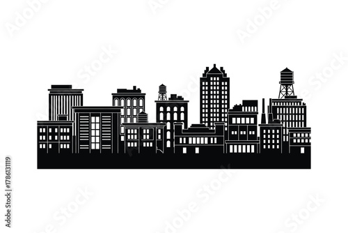 Cityscape building silhouette on white background