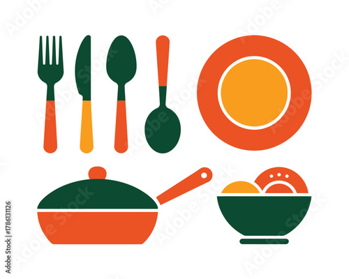 A collection of kitchen utensils, cookware, and dinnerware is displayed on a white background.