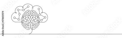 Continuous one line drawing of a brain with a cloud and network connections. Concept of cloud computing and AI