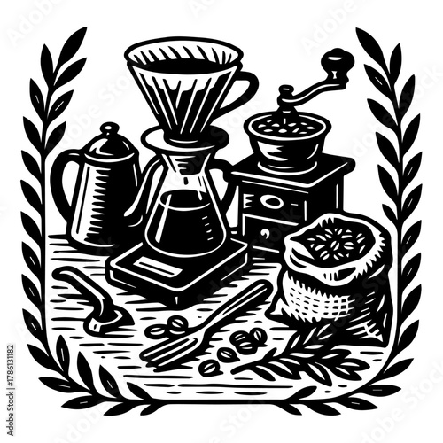 Hand Grinder and Pour Over Coffee Brewing in Classic Woodcut Art