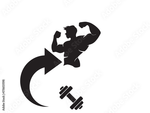 Vector silhouette illustration of a muscular man showing his bicep, with an arrow and dumbbell, representing fitness, body transformation, or weight training.