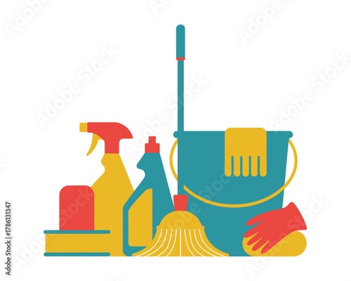 Cleaning supplies including a mop, bucket, broom, sponges, and bottles are neatly arranged.