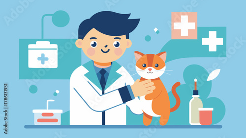 Veterinarian with a smiling face holding a cat in a clinic with medical equipment and health symbols in the background
