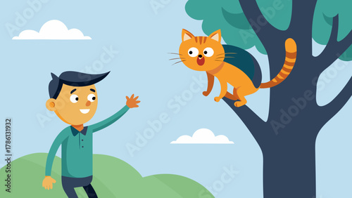Boy trying to rescue a scared cat stuck on a tree branch in a park with a clear sky and clouds