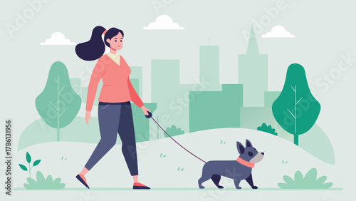 Young woman walking her dog in a city park with trees and buildings in the background
