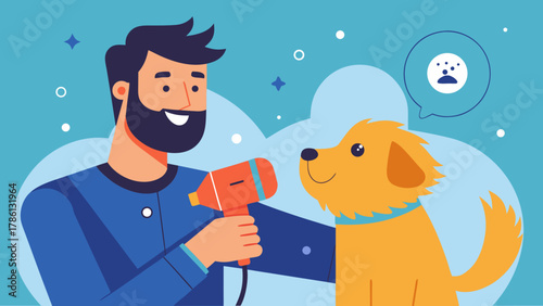 Man drying a happy dog with a hairdryer in a grooming session with a blue background and speech bubble