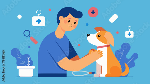 Veterinarian examining a dog with a bandage on its head surrounded by medical icons and equipment