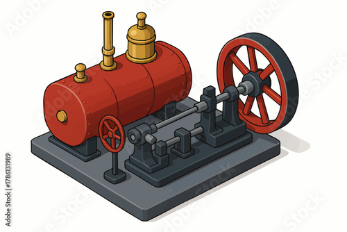 classic steam engine mechanism with flywheel and boiler, used for education, history, or engineering design. Isometric Generative ai vector colorful illustration.