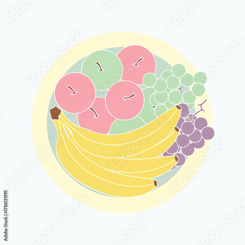 A simple vector illustration of a fruit bowl with bananas, grapes, and apples, isolated on a light background. Stylized graphic for healthy eating