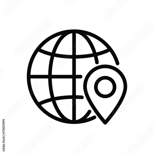 A globe icon beside a map pin The globe has gridlines The pin is a teardrop with a dot