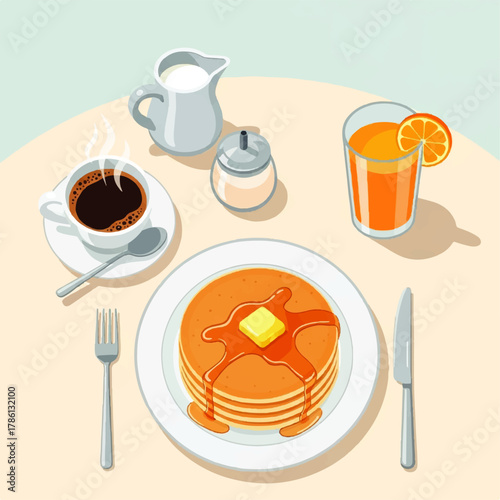 Delicious breakfast spread Pancakes, coffee, orange juice, and condiments for a satisfying meal