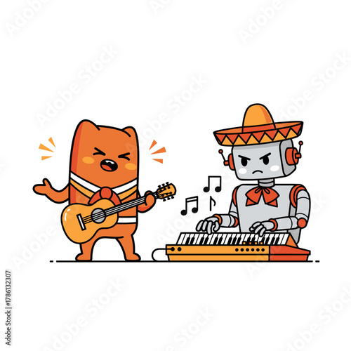 A cartoon cat sings with a guitar, and a robot plays the keyboard