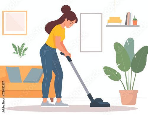 A woman with a bun is vacuuming the floor in a bright living room, cleaning her home.