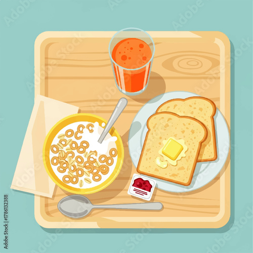 A wholesome breakfast spread featuring cereal with milk, buttered toast, jam, and orange juice on a wooden tray