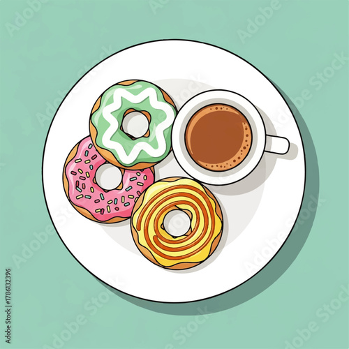 Top view vector illustration of colorful glazed donuts and a cup of coffee on a plate, a delicious sweet breakfast or snack