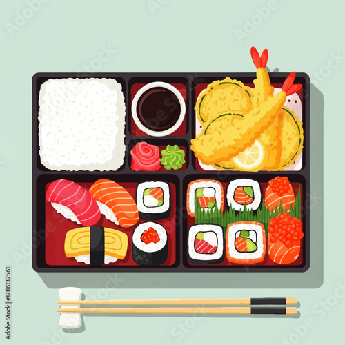A gourmet Japanese bento lunch box filled with a delicious assortment of sushi, tempura, and rice. A complete traditional meal set depicted in a flat vector illustration