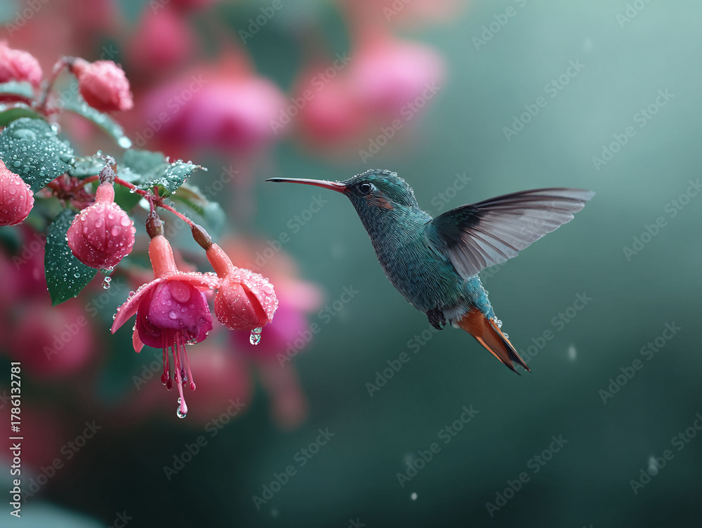Fototapeta premium Delicate hummingbird hovers near fuchsia flowers, adorned with glistening raindrops. Evokes natures beauty, grace, and the magic of fleeting moments.