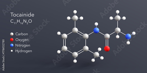 Fototapeta Naklejka Na Ścianę i Meble -  tocainide molecule 3d rendering, flat molecular structure with chemical formula and atoms color coding