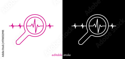 Zoom magnifier editable stroke heart diagram with cardiogram set, heartbeat line vector design to use for healthcare, healthy lifestyle, medical laboratory, cardiology project.