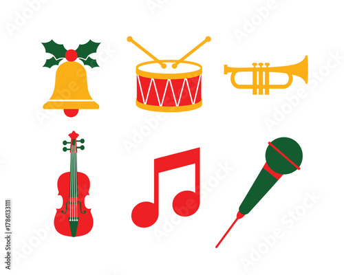A collection of musical instruments and a bell with Christmas decorations.