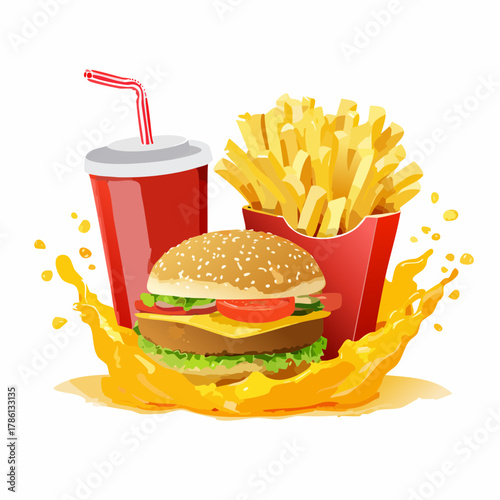 Fast food vector advertisement — cheeseburger, fries, soda — arranged dynamically