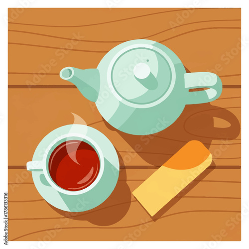 Cozy Breakfast A Teapot, Cup of Tea, and Biscuit on a Wooden Table - Vector Illustration
