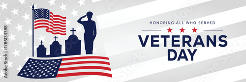 Veterans Day banner with a soldier silhouette saluting, flanked by American flags, set against a background of stars and stripes. Honors veterans and service members who served the USA.