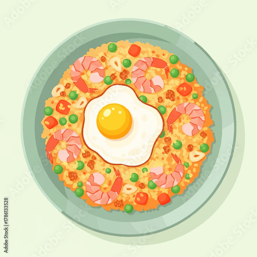 Vibrantly illustrated plate of delicious fried rice, generously topped with succulent pink shrimp and a perfectly cooked sunny-side-up egg, representing a popular and flavorful Asian-inspired meal