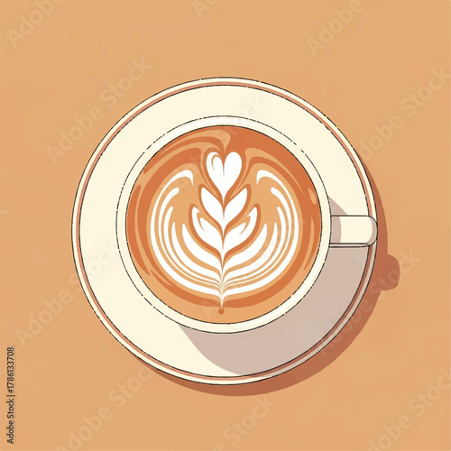 A meticulously crafted vector illustration from a top-down perspective, showcasing whisked milk foam creating elegant rosetta latte art in a coffee cup