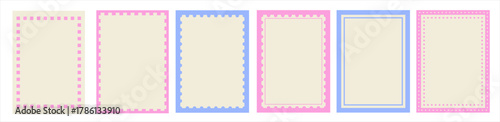 Pink postage stamp with wavy border in trendy vintage styles.. Rectangular shapes with curvy and jagged borders.