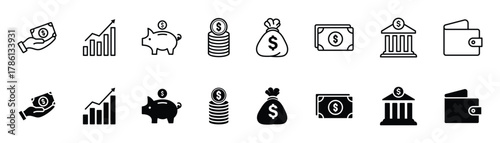 Money management icon set. Money bag and cash icon set. Finance, banking, and investment line icons.