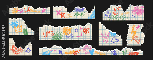 Set of torn piece newspaper page with colorful graffiti elements.. Torn paper of different in trendy collage style. Elements for scrapbooking. Drawing slogan in urban style