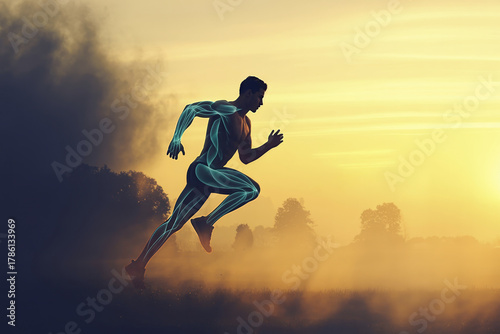 Wallpaper Mural Dynamic silhouette of an athletic man running at sunset, overlaid with glowing digital anatomical lines representing strength and peak performance. Torontodigital.ca