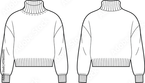 High neck turtleneck sweater vector fashion flat sketch with ribbed cuffs and hem front and back view technical illustration