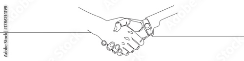 Continuous one line drawing of a human hand shaking a robot hand. Concept of artificial intelligence, technology and future partnership