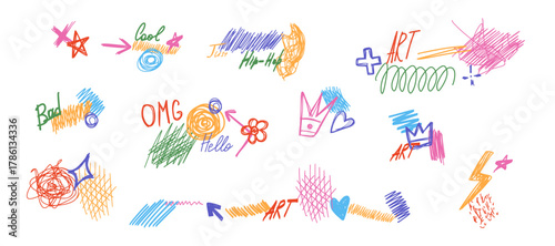 Isolated street art graphic box. Street art background collection. Artistic text set set in hand drawn graffiti style. . Set of doodle design elements with scribbles texture.