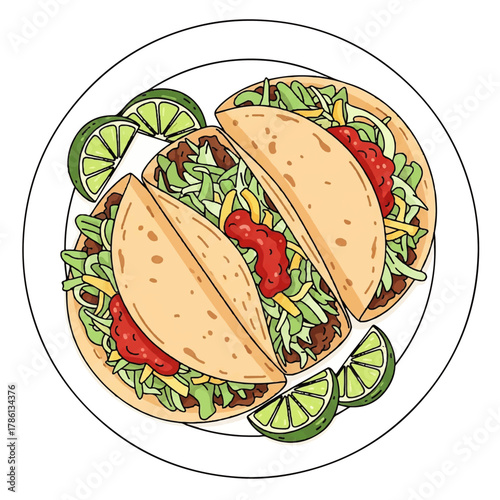 Vibrant and Appetizing Tacos Served on a Plate with Fresh Lime Garnish, a Delightful Illustration of Classic Mexican Street Food, Ideal for a Flavorful Meal Anytime