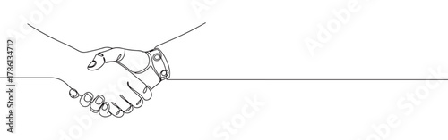 Continuous one line drawing of a human hand shaking a robot hand. Concept of artificial intelligence, technology and future partnership
