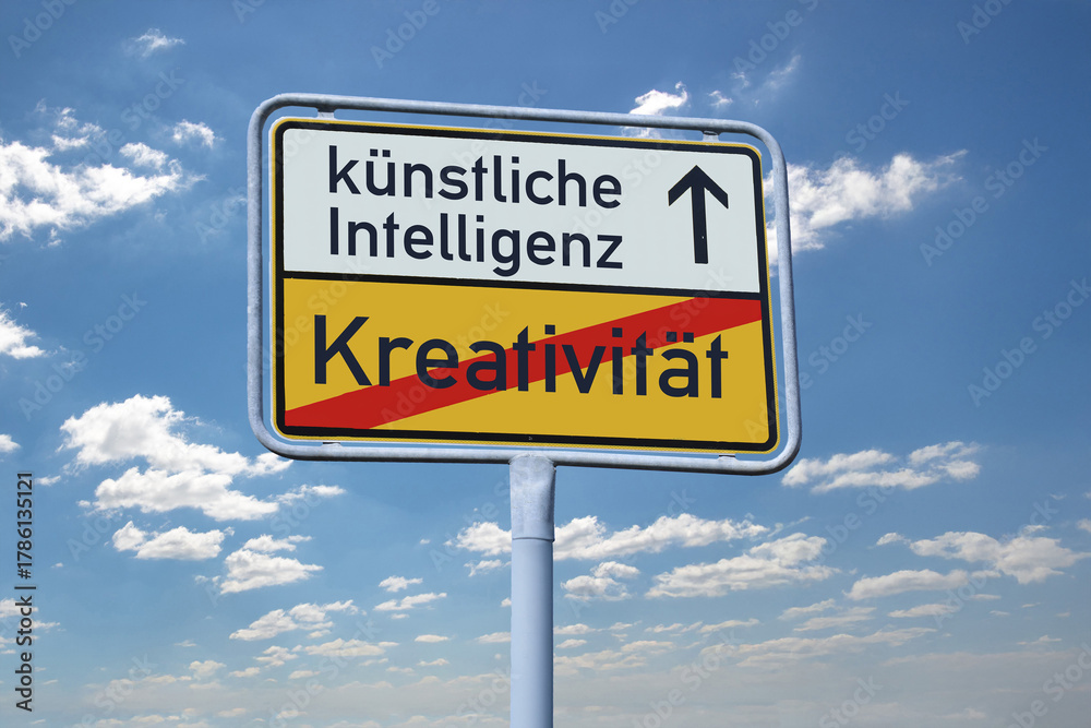 Fototapeta premium Ortsausgangsschild mit Schriftzug KÜNSTLICHE INTELLIGENZ und KREATIVITÄT