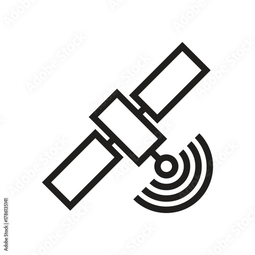 A stylized black satellite illustration It depicts the satellites body solar panels and radiating signal All elements are outlined