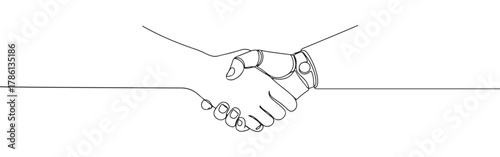 Continuous one line drawing of a human hand shaking a robot hand. Concept of artificial intelligence, technology and future partnership