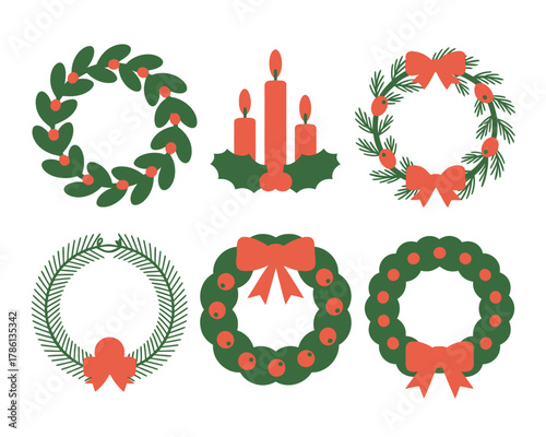 A collection of festive Christmas wreaths and candles adorns the image.
