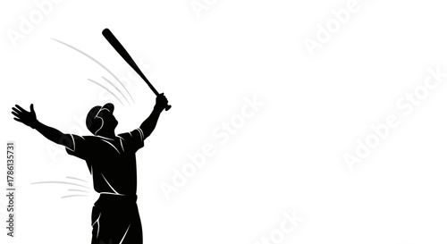 Victorious baseball player celebrates a winning home run with bat held high in silhouette, a dynamic design for sports branding and exciting game promotions