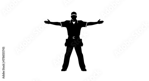 Professional construction worker signaling stop with outstretched arms, safety first, construction site management, uniform, authority, vector origin enhances scalability