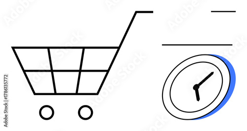 Shopping cart next to a clock symbolizing time-conscious shopping, planning, and efficiency. Ideal for retail, time-saving, e-commerce, logistics, productivity, scheduling and deadlines in a simple