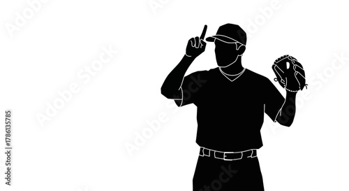 Dynamic silhouette of baseball player pointing upward with glove ready, perfect for sports themed designs, powerful imagery, bold visual statements, and graphic projects