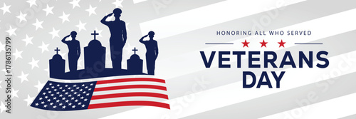 Veterans Day banner with a soldier silhouette saluting, flanked by American flags, set against a background of stars and stripes. Honors veterans and service members who served the USA.