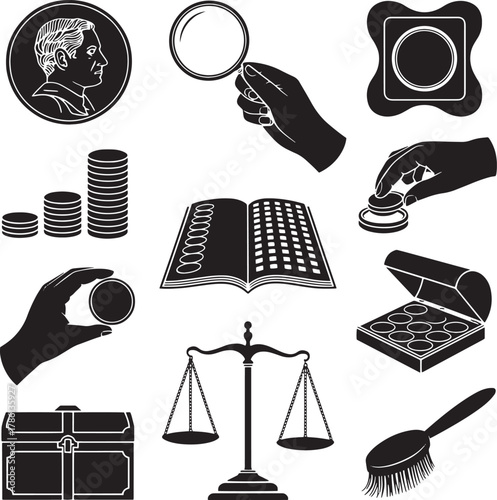 Collection of objects and actions related to finance law and beauty coin magnifying