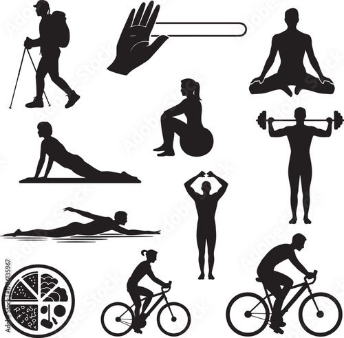 Diverse silhouettes depicting healthy activities and food activity exercise