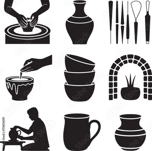Pottery craft elements hands tools and finished pieces vase